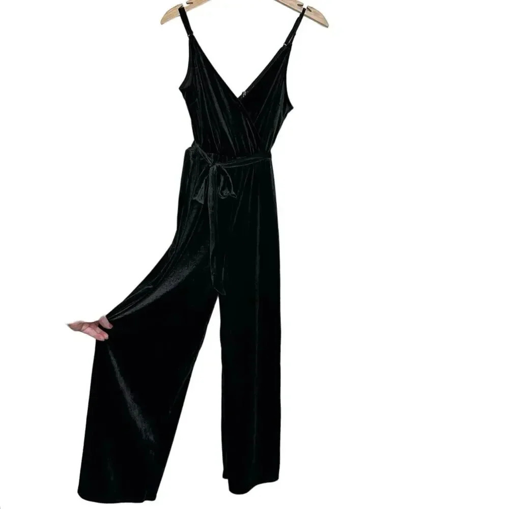 H&M Jumpsuit 2 Black Velvet Wrap Front Wide Leg Sleeveless Adjustable Straps‎